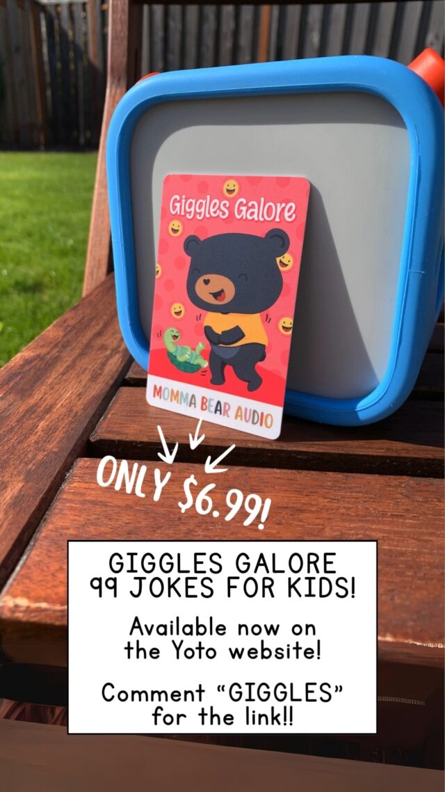 💬 Need a guaranteed laugh from your kiddos?

Giggles Galore has been one of our most-loved audio cards on Yoto, and it’s easy to see why!

🎤 99 jokes, puns, and riddles
🔊 Silly sound effects
😂 Belly laughs guaranteed

Perfect for road trips, quiet time, or whenever your kids need something screen-free and super silly.

Available now on the Yoto website for only $6.99! Just comment “GIGGLES” and I’ll send you the link!

#MommaBearAudio #GigglesGalore #YotoCard #ScreenFreeKids #KidsJokes #FamilyFun #preschoolathome #preschoolactivities #Yoto #montessori #homeschoolmom #booksforkids #CreativeKids #scrunchymom #yoto #kidsbooks #audiobooksforkids #yotoplayer #screenfreeplay